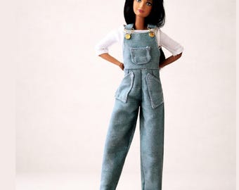 Modern Minimalist Overalls Set, Wide Neck Tee, Relaxed Off-Shoulder Styling, 1:6 Scale Doll Outfit
