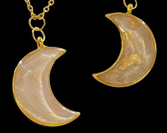 Gold, open bezel, double-sided moon Resin pendant with glitter and  mica powder, gold tone 20” chain