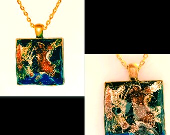 Resin necklace black square pendant with gold and copper, gold tone 18” chain