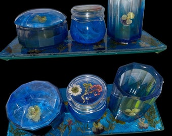 Resin Vanity Tray set/Home Decor - tray, low, wide-mouth jar with lid, jar with screw on lid, and drinking glass or vase