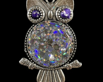 Resin necklace Owl pendant with silver glitter,  silver tone 20” chain