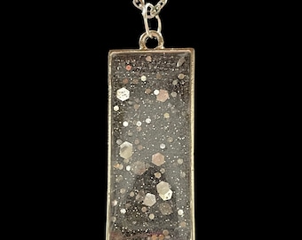 Clear Resin necklace rectangle pendant with glitter and  silver tone 20” chain