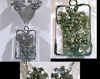 Rhinestone snowflakes encased in clear resin - earring/necklace set - post-back earrings/silver tone 20” chain