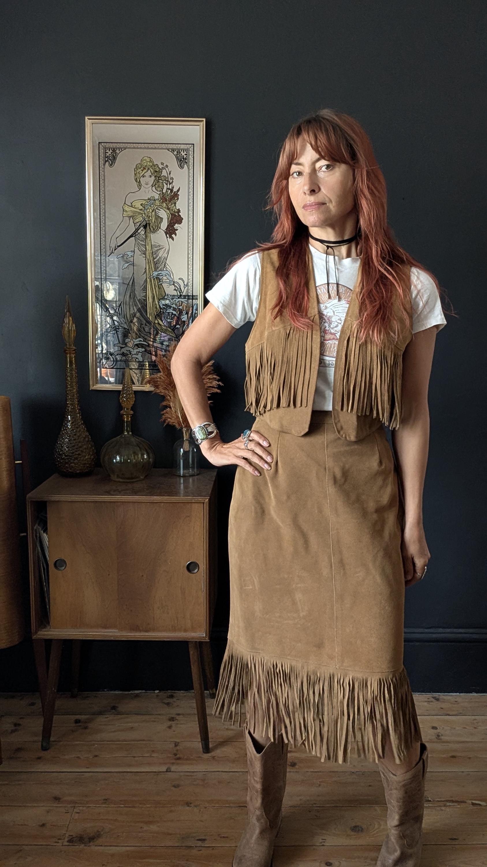 Vintage 60s 70s Western Fringe cropped camel tan suede waistcoat top and fringed skirt