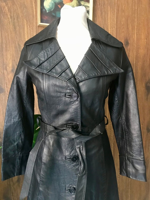 Vintage 60s 70s Black Leather Long Coat Jacket