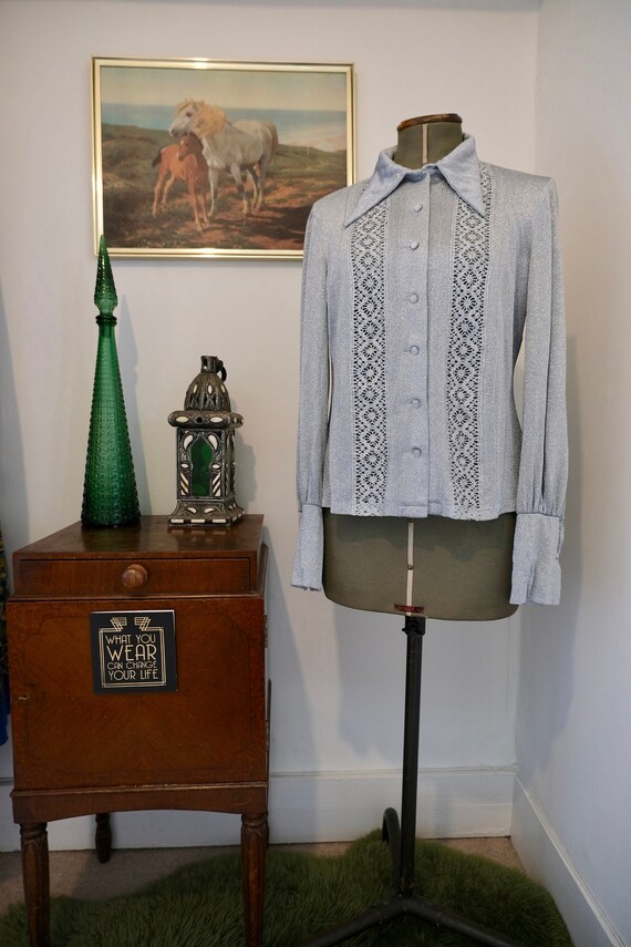 Vintage 60s 70s Silver Lurex Shirt Blouse