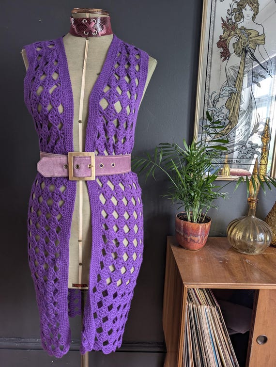 Vintage 60s 70s Purple Crochet Long Vest Waistcoat