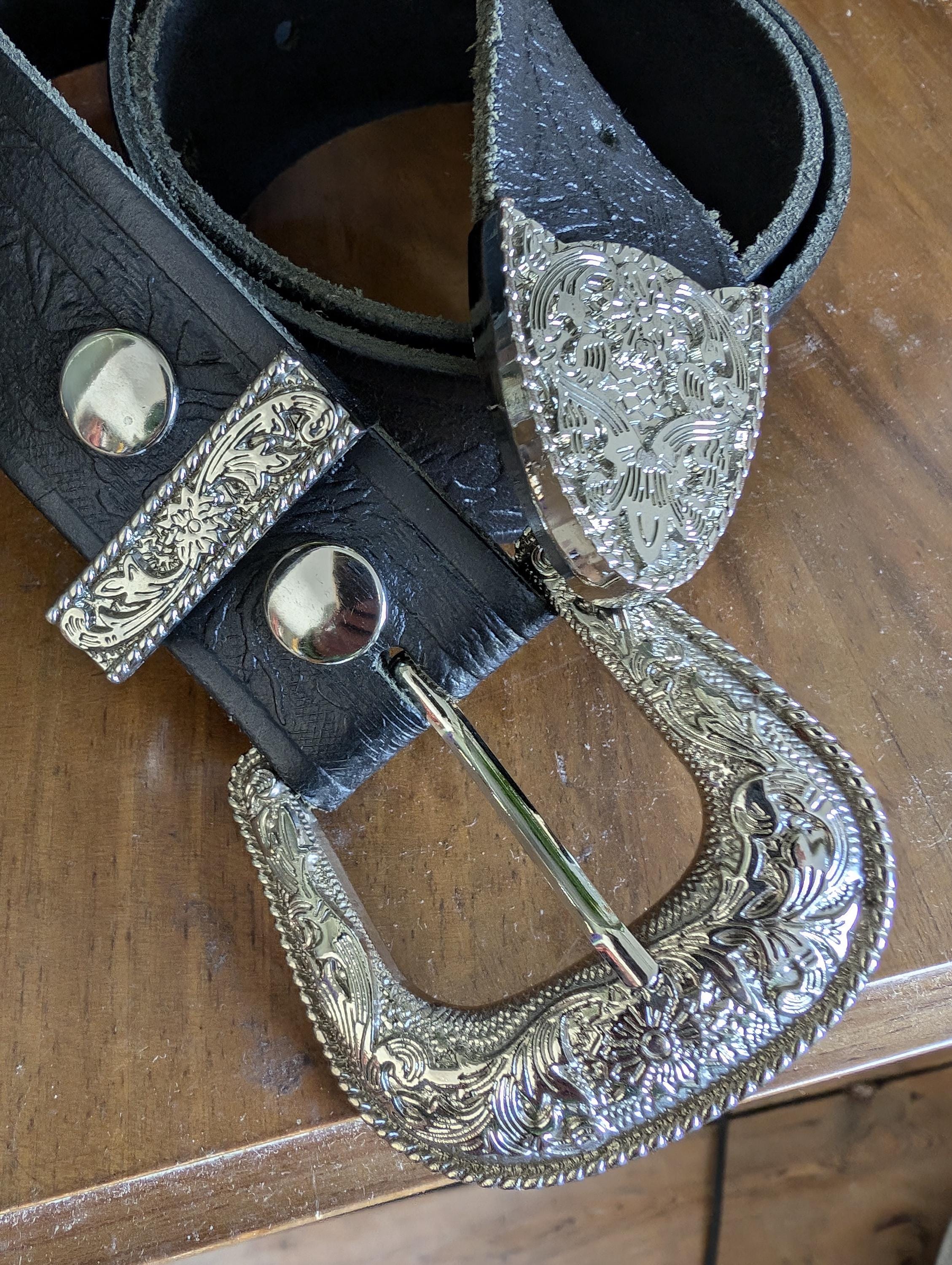 Western Embossed Tooled Leather Metal Detail Handmade Belt Black and Silver 1.5″ Black Tooled Leather Belt – Unbeweavable – Harris  main image 3