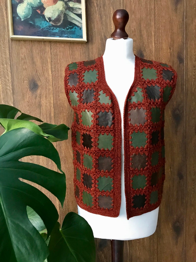 60/'s 70/'s Vintage Leather Wool Crochet Waistcoat Vest