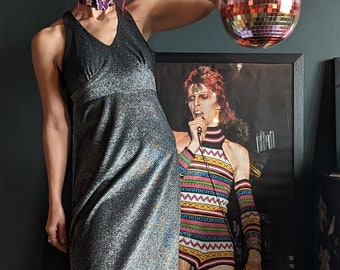 Vintage 70s Silver Glitter Lurex Disco Glam Rock Maxi Dress