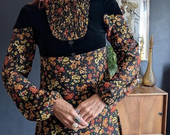 Vintage 60s 70s Velvet floral medieval maxi dress