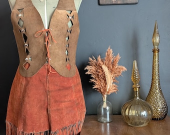 Vintage western rust orange fringe suede mini skirt