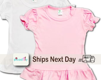 Toddler Girl Ruffle Short Sleeve Top: Polyester Blend Sublimation Shirt in Pink or White