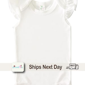 Baby Girl Ruffle Sleeve WHITE bodysuit: Infant Sleeveless Poly/Ctn Sublimation with Flutter Sleeve | Laughing Giraffe