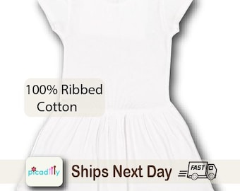 Toddler Girl Short Sleeve Dress Blank | White | Ribbed Cotton | Rabbit Skins brand