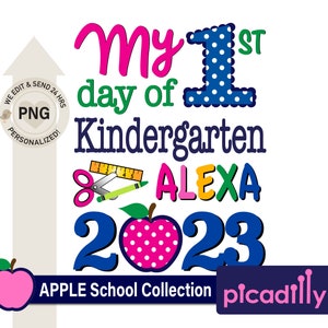 Personalized Kindergarten PNG, Girl My First Day of Kindergarten PNG, Girl Back to School Sublimation File with Apple for Girls Preppy Shirt