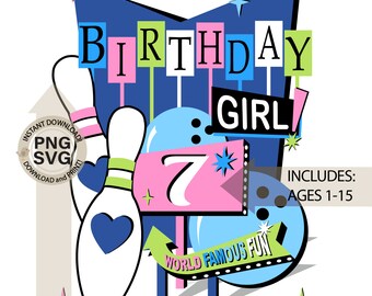 女の子のボウリングバースデーデジタルダウンロード | 年齢に合わせたレトロなボウリングTシャツデザイン | SVG | PNG | 即時ダウンロード