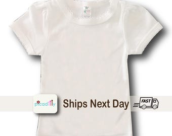 Girls Short Sleeve Sublimation Top: Baby Toddler and Big Girl Puff Sleeve Shirt | White