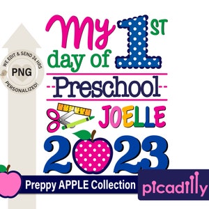 Girls First Day of Preschool PNG, Personalized Preschool PNG Apple, Girls Preppy Preschool Sublimation File, Preschool PNG
