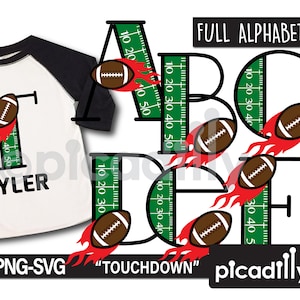 May include: A set of alphabet letters with a football and flames design. The letters are green and white, with a football and flames in red. The letters are on a white background. The text "FULL ALPHABET!" is at the top of the image. The text "TOUCHDOWN" is at the bottom of the image.
