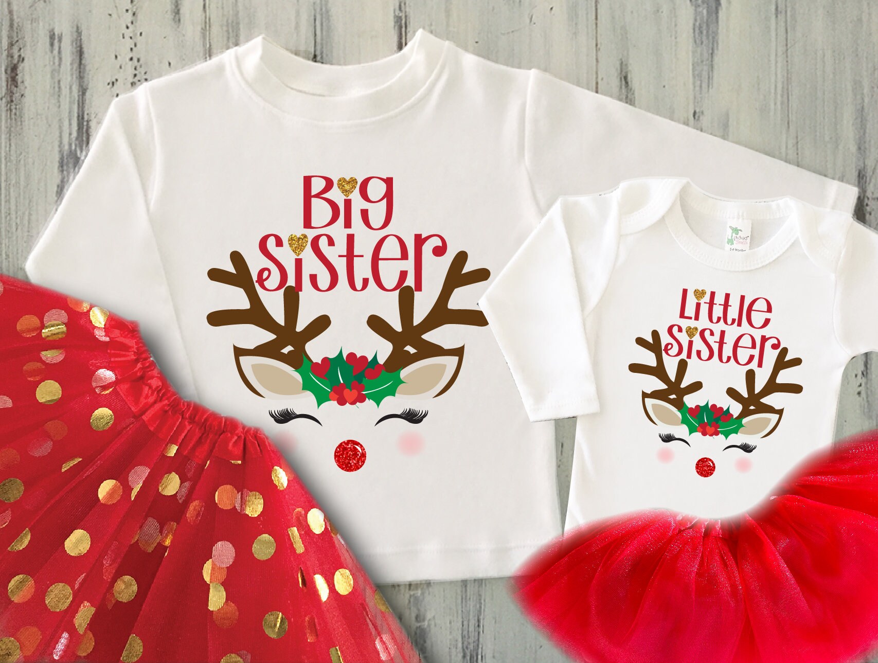 Matching Reindeer Big Sister Little Sister Shirts/bodysuits: Gold