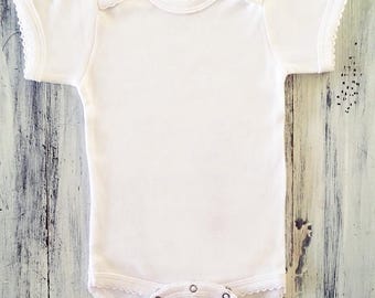 Blank White Baby Bodysuit: Short Sleeve Picot Edge, DIY Sublimation