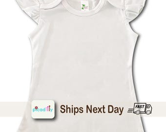 Girls Sleeveless Flutter Sleeve Top | Toddler White Sublimation Shirt with Ruffle | Laughing Giraffe | Blank top for DIY