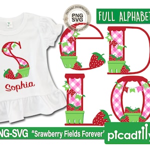 ストロベリーアルファベットSVG、ストロベリーフォントPNG、DIYシャツ用女の子用ストロベリーモノグラム、ストロベリーバースデーパーティー用女の子用ストロベリーイニシャル