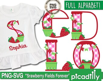 ストロベリーアルファベット SVG PNG: 女の子のカントリーギンガムチェック ストロベリーフィールズモノグラム (デジタルダウンロード)