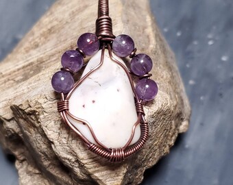 Lavender Jasper Wire Wrapped Pendant w/ Amethyst Beads