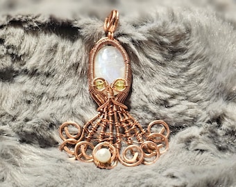 Rainbow Moonstone Octopus Wire Wrapped Pendant