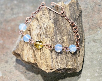 Opalite & Citrine Textured Wire Wrapped Bracelet