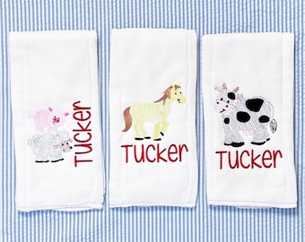 Personalized Embroidered Farm Animal Burp Cloth Set of 3 - monogrammed - baby gift - cloth diaper - Baby  Girl - baby boy - Set of 3 - Farm