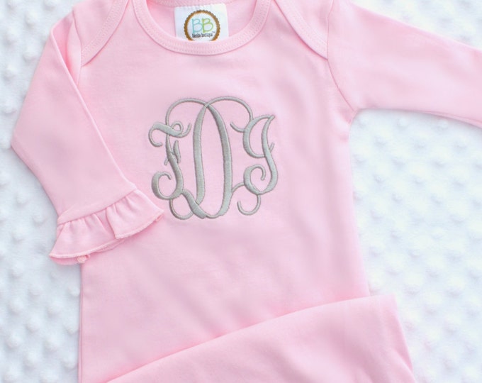 Personalized Embroidered Monogrammed Newborn Infant Baby Pink, White or Blue Gown - Layette - Gift - Take Home Outfit - Sleep Sack Monogram