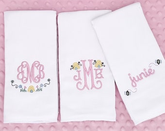 Spring Monogrammed Embroidered Burp Cloth - personalized - baby gift - cloth diaper - Baby  Girl - Disney Inspired - honey bee - Set of 3