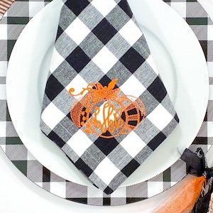 Set of 6 Monogrammed Black Buffalo Plaid / Gingham Dinner Napkins - orange - pumpkin - Thanksgiving - Fall - Halloween - personalized