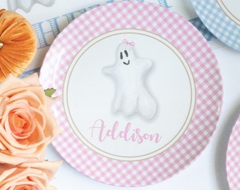 Children's Personalized Halloween Ghost Plate - microwave safe - gingham - Fall - Thanksgiving - kids - boy - girl - BPA free - Pink - Blue