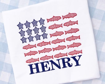 Boys Personalized Patriotic American Flag Fish Short Sleeve T Shirt - 4th of July - Memorial Day - Red White and Blue - Lake