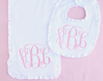 Monogrammed Ruffled Burp Cloth & Bib Set - personalized - baby gift - embroidered - bib - baby girl - newborn - pink