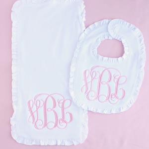 Monogrammed Ruffled Burp Cloth & Bib Set - personalized - baby gift - embroidered - bib - baby girl - newborn - pink