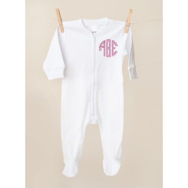 Personalized Embroidered Monogrammed Newborn Infant Baby Pink, White, or Blue Footie Pajama - Bodysuit - Sleeper - Gift - Take Home Outfit