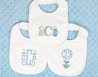 Monogrammed Golf bibs - baby boy - country club - blue - green