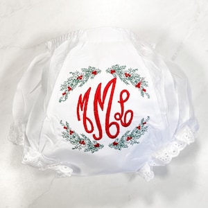 Monogrammed Christmas Infant Diaper Cover Bloomers - Newborn - Baby Girl - Gift - Personalized - red and green