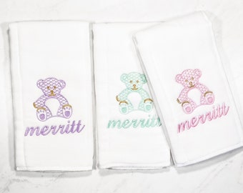 Personalized Embroidered Burp Cloth Set of 3 - monogrammed - baby gift - cloth diaper - Baby  Girl - baby boy - Set of 3 - Teddy Bear