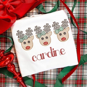 Personalized Girls Christmas Holiday Reindeer Long Sleeve Embroidered Shirt