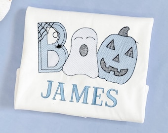 Boys Personalized Boo Ghost Shirt for Fall - Halloween - pumpkin patch - blue