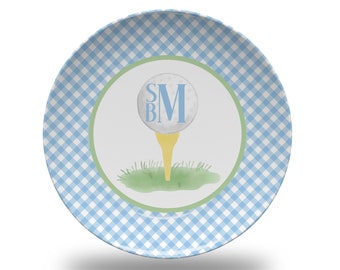 Personalized Monogrammed Light Blue Gingham Golf Tee Dinner Plate Set - Plastic - Boy - Hole in ONE - Par-Tee