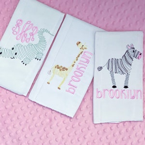 Personalized Embroidered Burp Cloth Set of 3 - monogrammed - baby gift - cloth diaper - Baby  Girl - baby boy - Full Color Animals Set of 3