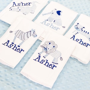 Personalized Embroidered Burp Cloth Set of 5 - monogrammed - baby gift - cloth diaper - Baby  Girl - baby boy - Blue Animals Set of 5