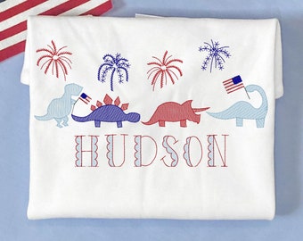 Boys Personalized Patriotic American Flag Dinosaur Short Sleeve T Shirt - 4th of July - Memorial Day - Red White and Blue - Lake